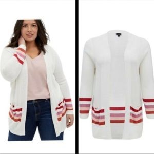 Torrid Ivory and Red/Pink Stripe Cardigan Sweater with Pockets